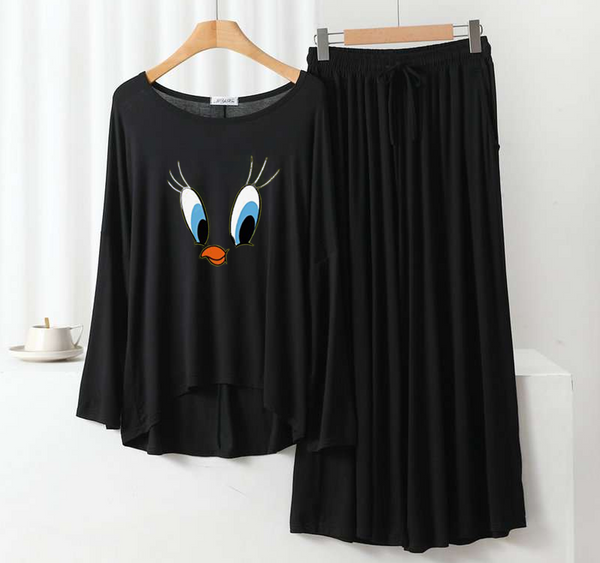 Deep Black Daffy DuckRound Neck Plazzo PJ Set