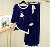 Navy Blue K-Pop Heart White Round Neck Plazzo PJ Se