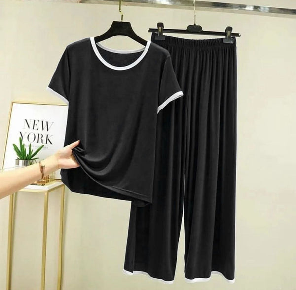 Plain Black Tshirt With White Round Neck And Plazo Pajama (Half Seleeve)