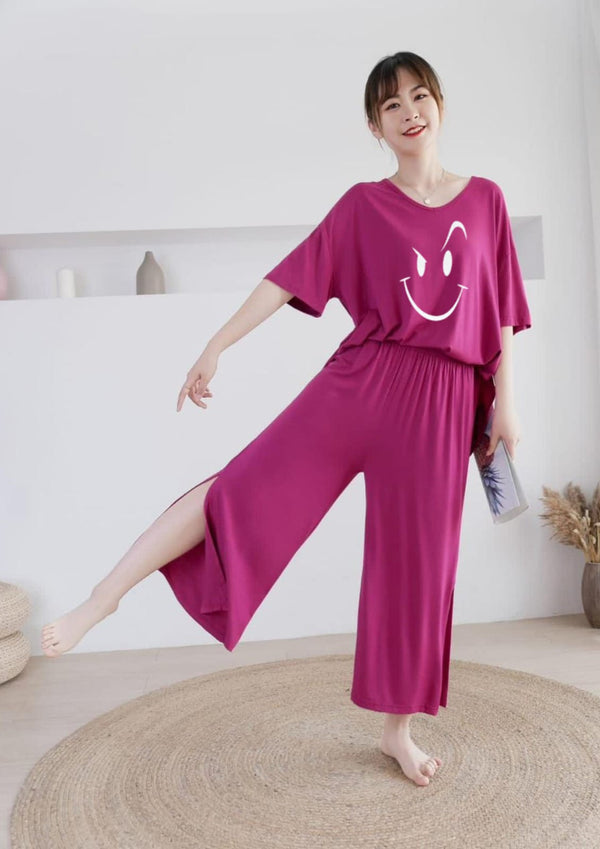 Shocking Pink Smiley Face V Neck Quarter Sleeves with Cut Style Pajama