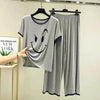 Plain Grey Smiley Face Tshirt With Black Round Neck And PLazo Pajama (Half Seeleve)