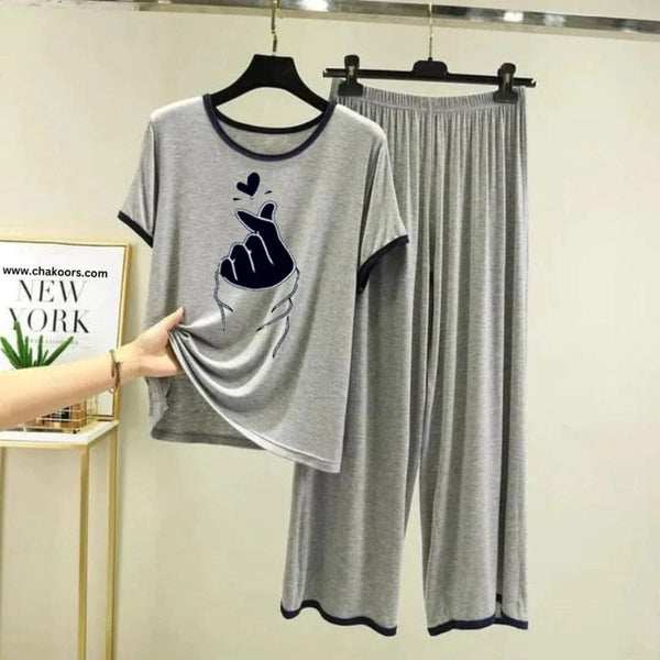 Plain Grey K-Pop Heart Tshirt With Black Round Neck And PLazo Pajama (Half Seeleve)