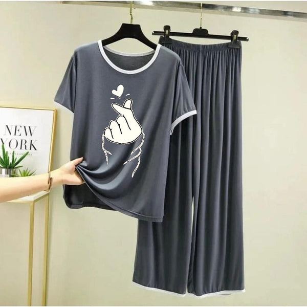 Plain Grey K-Pop Heart Tshirt With White Round Neck And PLazo Pajama (Half Seeleve)