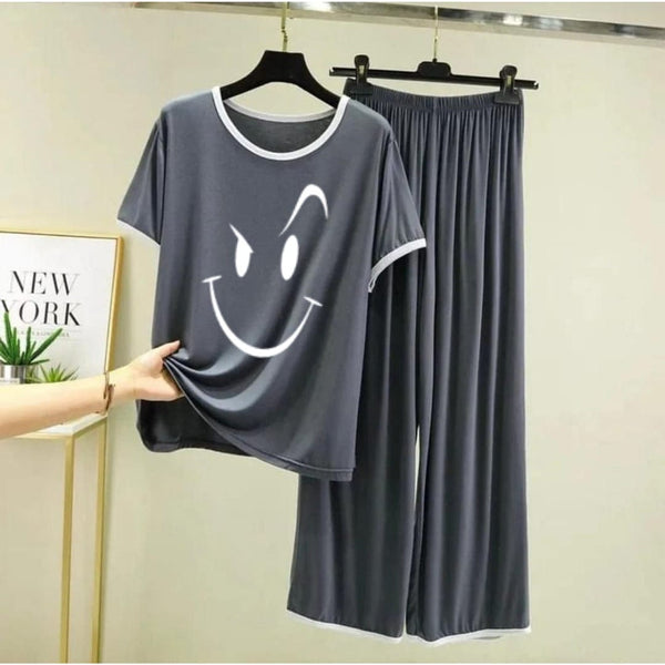 Plain Grey Smiley Face Tshirt With White Round Neck And PLazo Pajama (Half Seeleve)