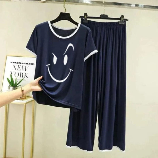 Plain Blue Smiley Face Tshirt With White Round Neck And PLazo Pajama (Half Seeleve)