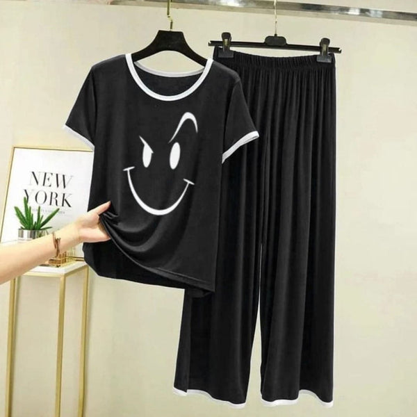 Plain Black Smiley Face Tshirt With White Round Neck And PLazo Pajama (Half Seeleve)