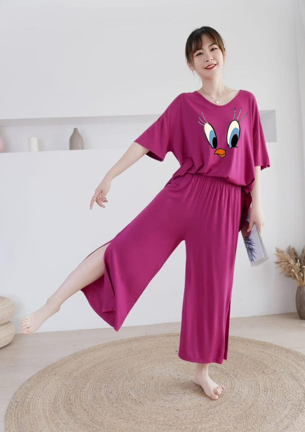 Shocking Pink Daffy Duck V Neck Quarter Sleeves with Cut Style Pajama