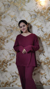 Maroon V-Neck Women Night Suit PJ Set