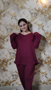 Maroon V-Neck Women Night Suit PJ Set