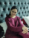 Maroon V-Neck Women Night Suit PJ Set