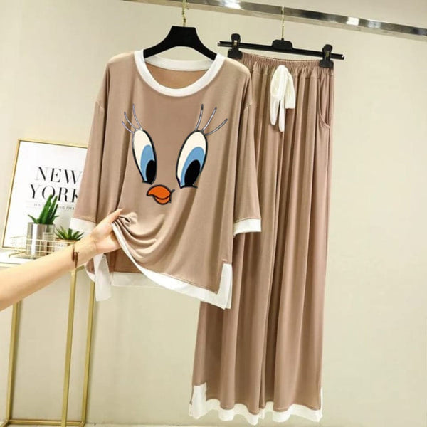 Skin White Daffy Duck Round Neck Plazzo PJ Set