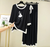 Black K Pop Heart White Round Neck Plazzo PJ Set
