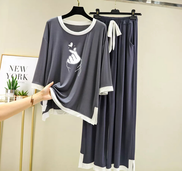 Grey K-Pop Heart White Round Neck Plazzo PJ Set