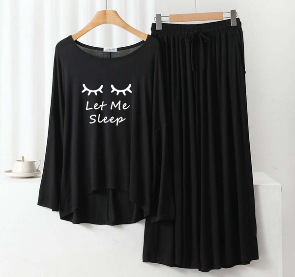 Deep Black Let me sleep Round Neck Plazzo PJ Set
