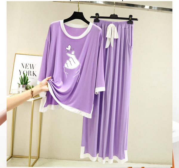 Purple K-Pop Heart White Round Neck Plazzo PJ Set