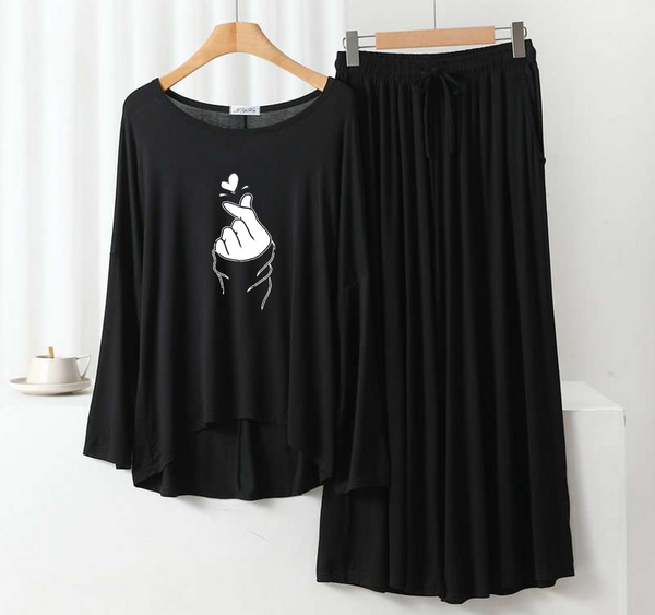 Deep Black K-Pop Heart Round Neck Plazzo PJ Set