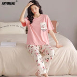 Pink Flower Printed Pocket Half Sleeves Shirt and White Flower Printed Trouser Night Wear