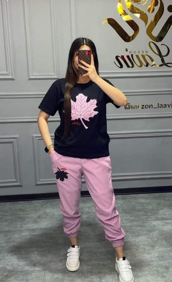 Leaf Printed Black Shirt And Pink Trouser