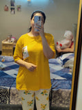 Yellow Flower Printed Pocket Half Sleeves Shirt and White Flower Printed Trouser Night Wear