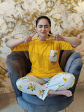 Yellow Flower Printed Pocket Half Sleeves Shirt and White Flower Printed Trouser Night Wear