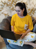 Yellow Flower Printed Pocket Half Sleeves Shirt and White Flower Printed Trouser Night Wear
