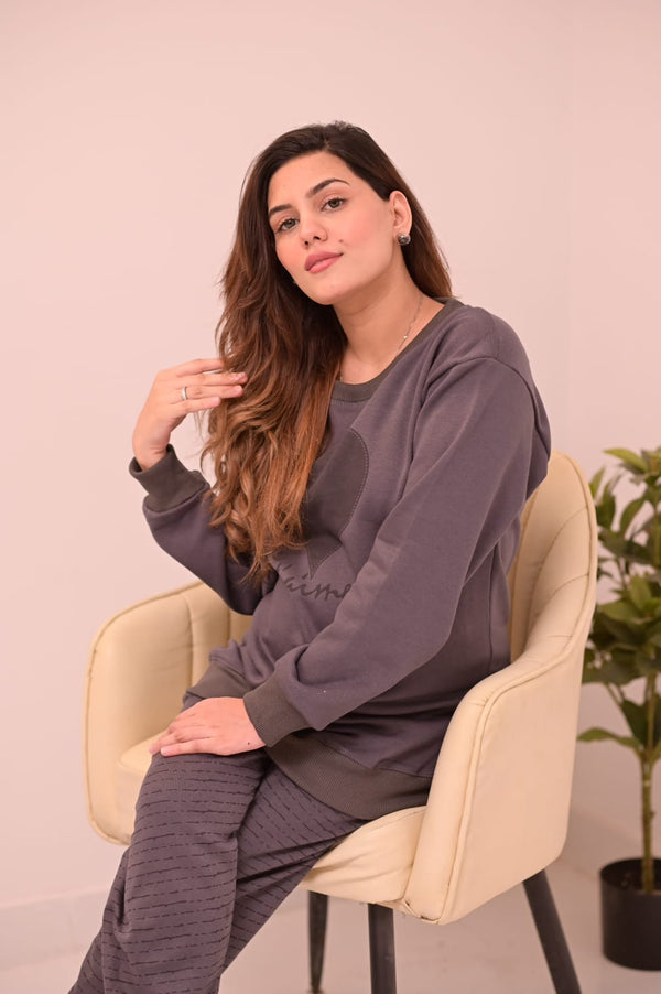 Winter Black Gray Heart Co-Ord Set Night Suit