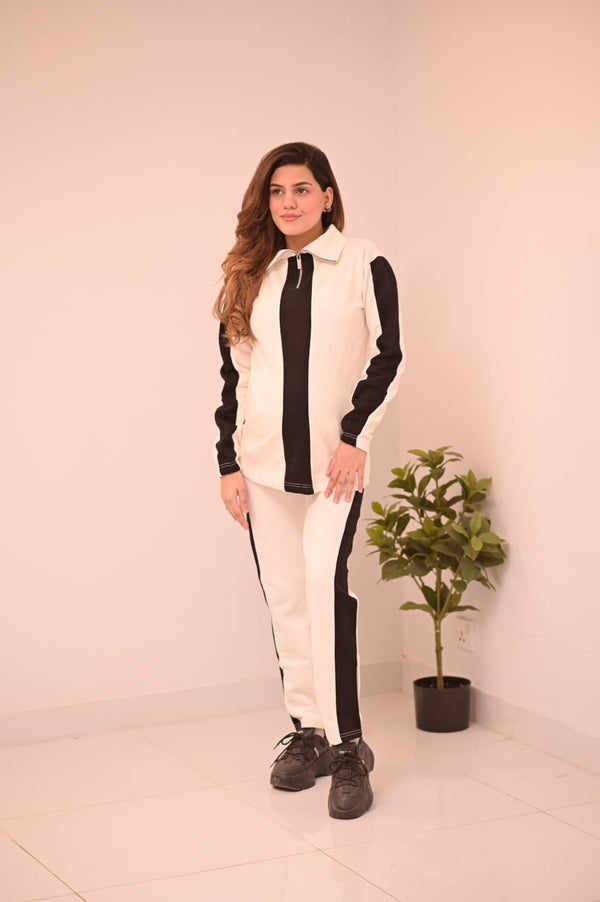 Zipper twin color winter fleece fabric track suit - Beige and Black