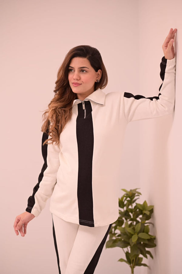 Zipper twin color winter fleece fabric track suit - Beige and Black