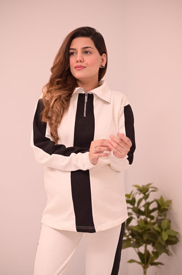 Zipper twin color winter fleece fabric track suit - Beige and Black